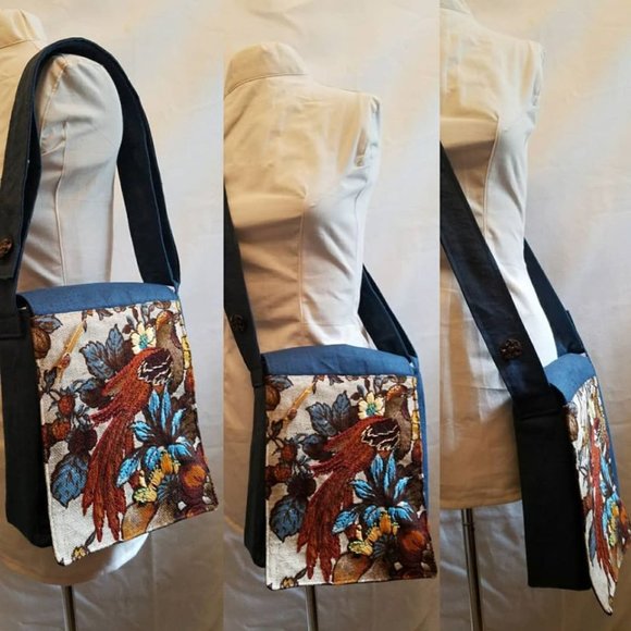 Messenger Bag Adjustable Embroidered Bird Vintage Fabric - Picture 1 of 11